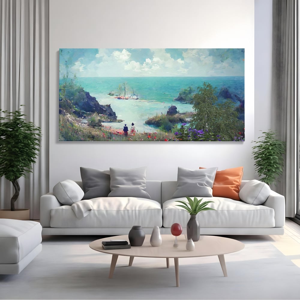 Tablou canvas cu pictura peisaj marin cu oameni si flori, fara rama, pe sasiu de lemn, pe perete intr-un living